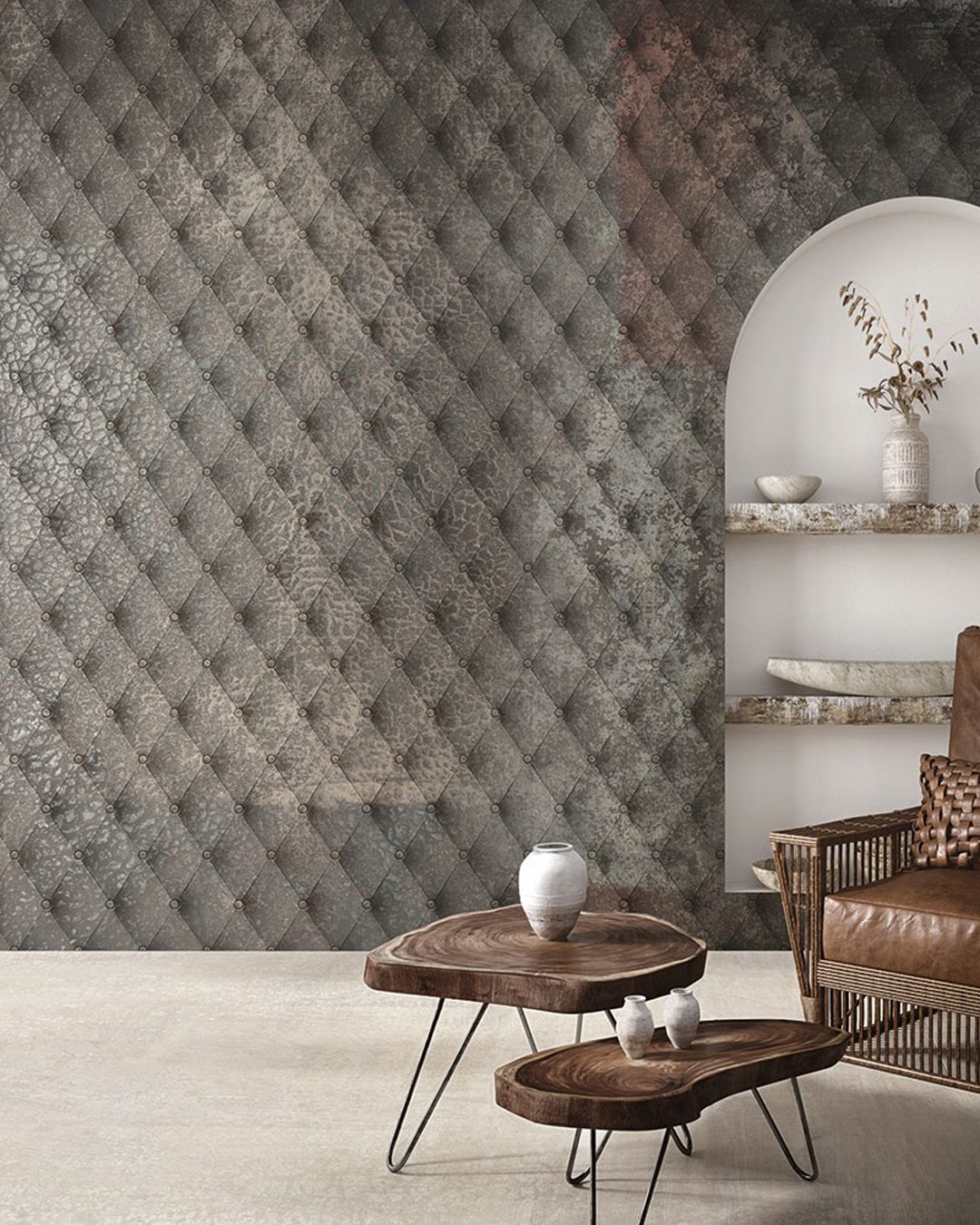Wall mock up in Scandi-boho home interior with retro brown leath Carta Da Parati Costura - Inkiostro Bianco - immagine 1