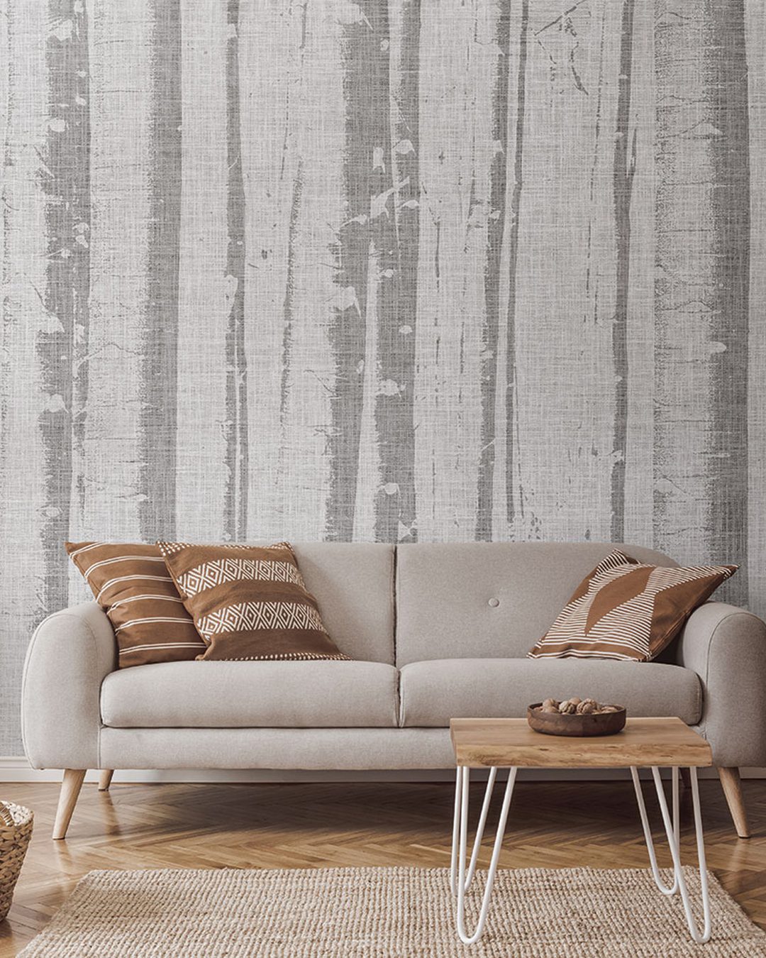 The stylish boho compostion at living room interior with design Carta Da Parati Enchanted Forest - Inkiostro Bianco - immagine 1