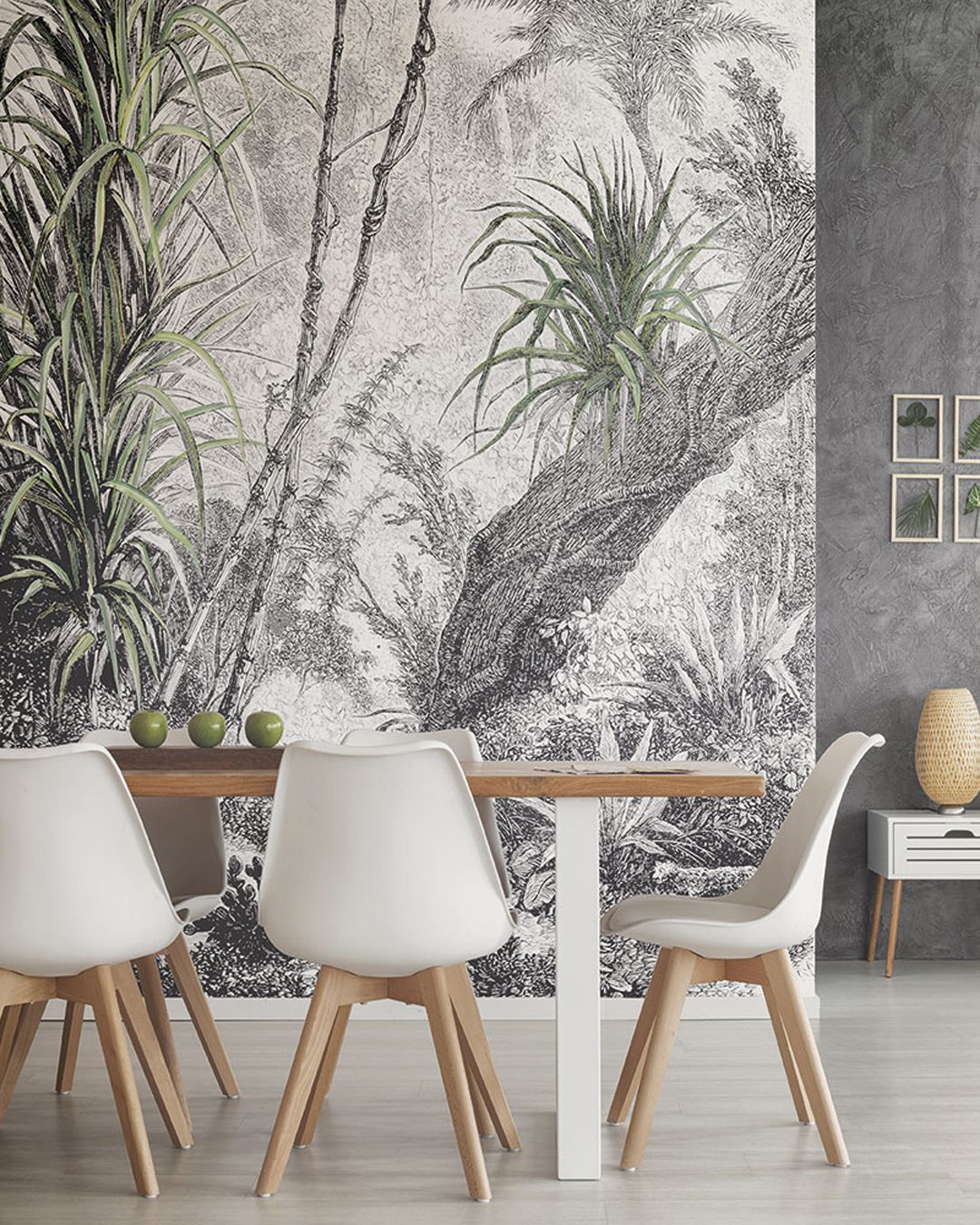 Wooden dining table and chairs by an exposed brick wall in a bri Carta Da Parati Foresta - Inkiostro Bianco - immagine 1