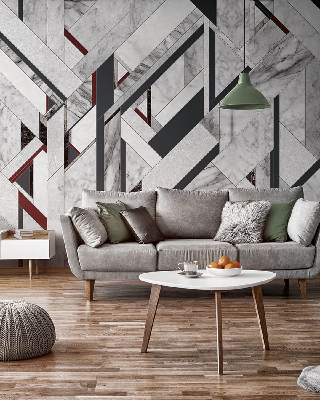 Stylish coffee table with kinck knacks in front of elegant couch Carta Da Parati Fracture - Inkiostro Bianco - immagine 1