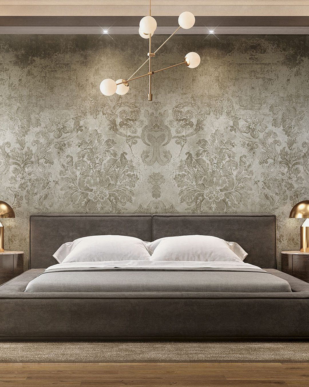 Modern elegant luxurious bedroom for men with wood and dark grey Carta Da Parati Inlay - Inkiostro Bianco - immagine 1