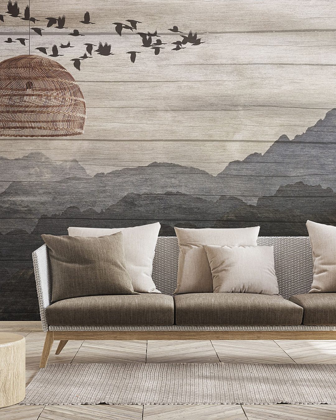 Cozy living room interior, Scandinavian style mock up. Rattan ce Carta Da Parati Peaks - Inkiostro Bianco - immagine 1