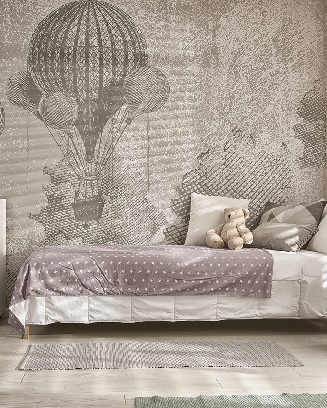 Modern child room interior with comfortable bed Carta Da Parati Retrò - Inkiostro Bianco - immagine 1