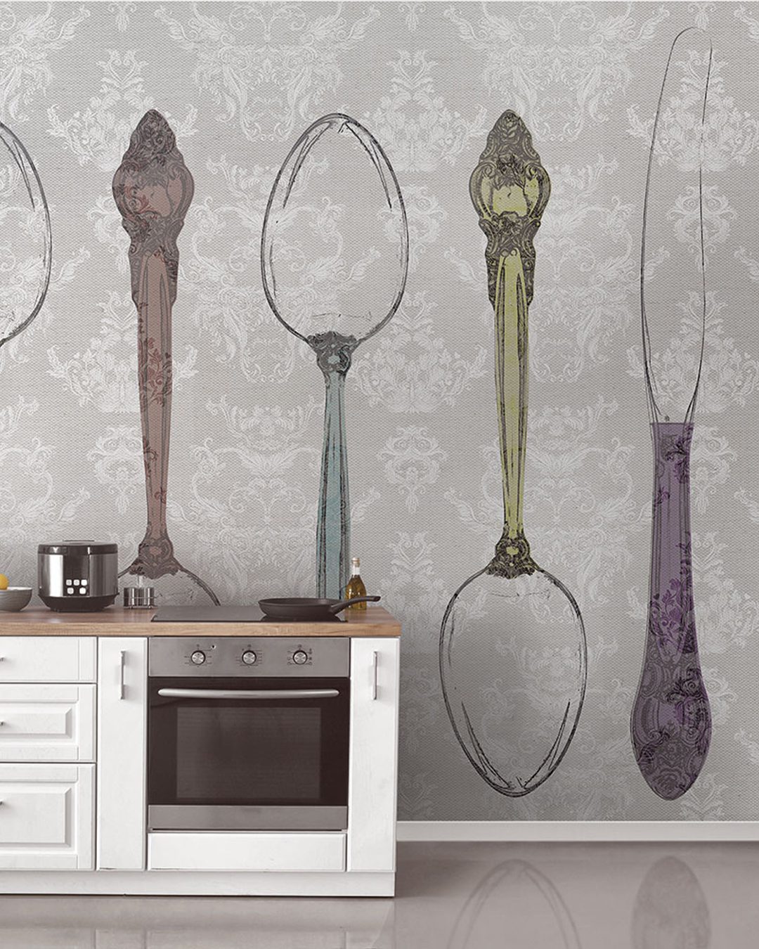 Interior of kitchen with modern oven Carta Da Parati Silverware - Inkiostro Bianco - immagine 1