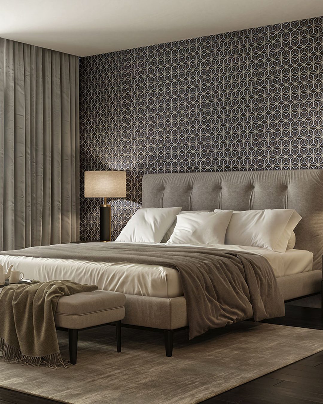 Classic grey bedroom interior with grey buttoned bed and luxury Carta Da Parati Steila - Inkiostro Bianco - immagine 1