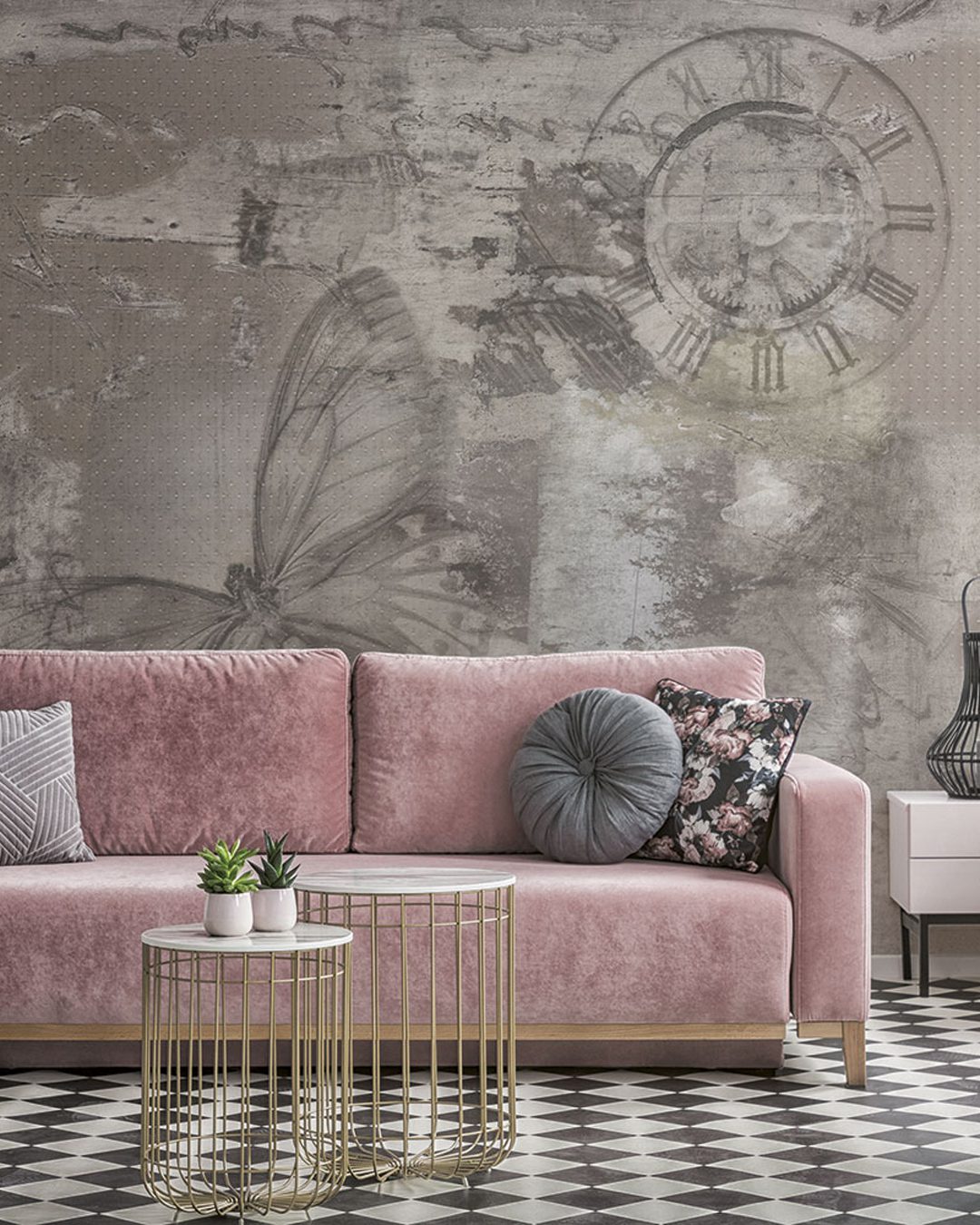 Glamour living room interior with a pink sofa, golden armchair a Carta Da Parati Timeless - Inkiostro Bianco - immagine 1