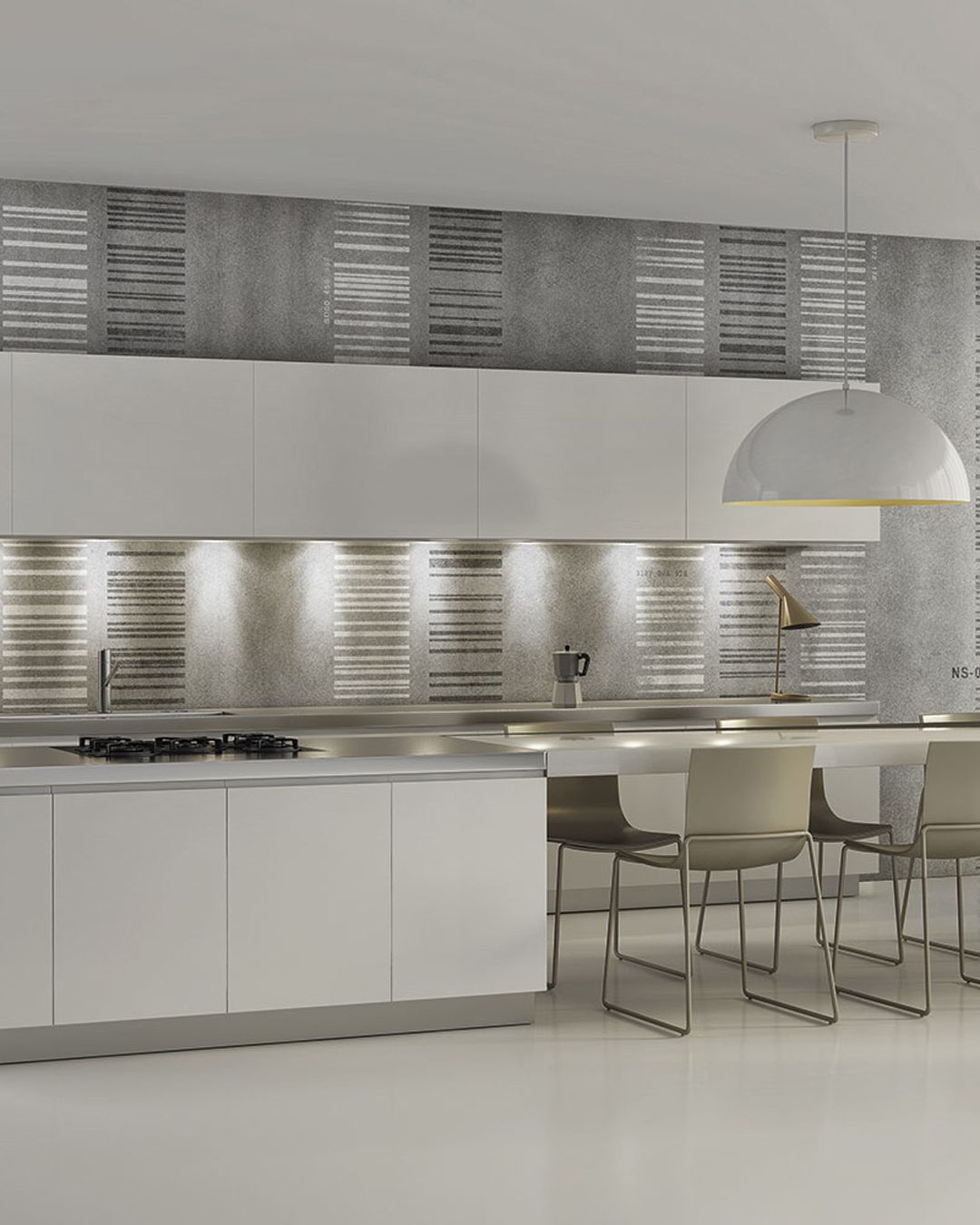 Contemporary minimal white kitchen with plastic chairs Carta Da Parati Wall codex - Inkiostro Bianco - immagine 1