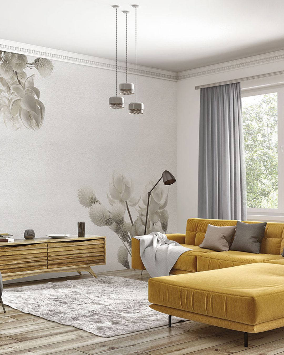 Interior design of modern scandinavian apartment, living room 3d Carta Da Parati Winter - Inkiostro Bianco - immagine 1